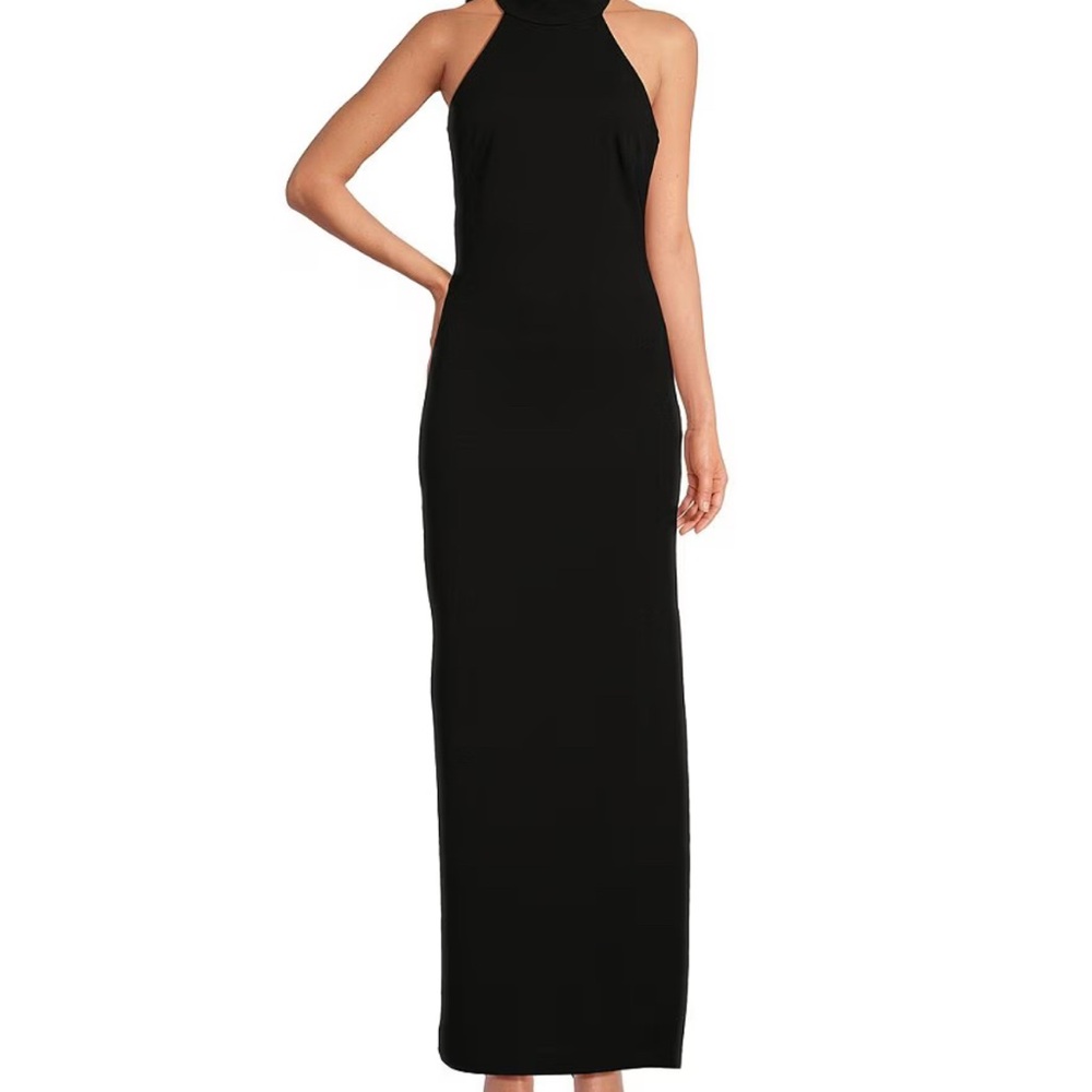 Badgley Mischka Black Halter Neck Sleeveless Crepe Slit Gown